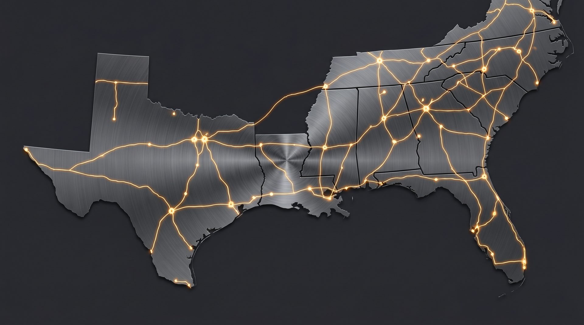 Stylized metallic map of the Boom Belt Region connecting Texas, Louisiana, Mississippi, Alabama, Georgia, and Florida