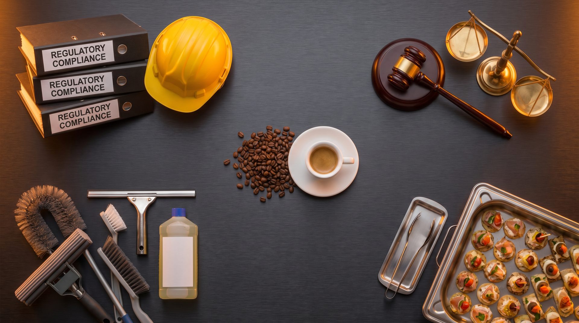 Still life arrangement representing the Boom Belt Business Group venture collective, including compliance materials, legal tools, facility maintenance equipment, food service items, and coffee