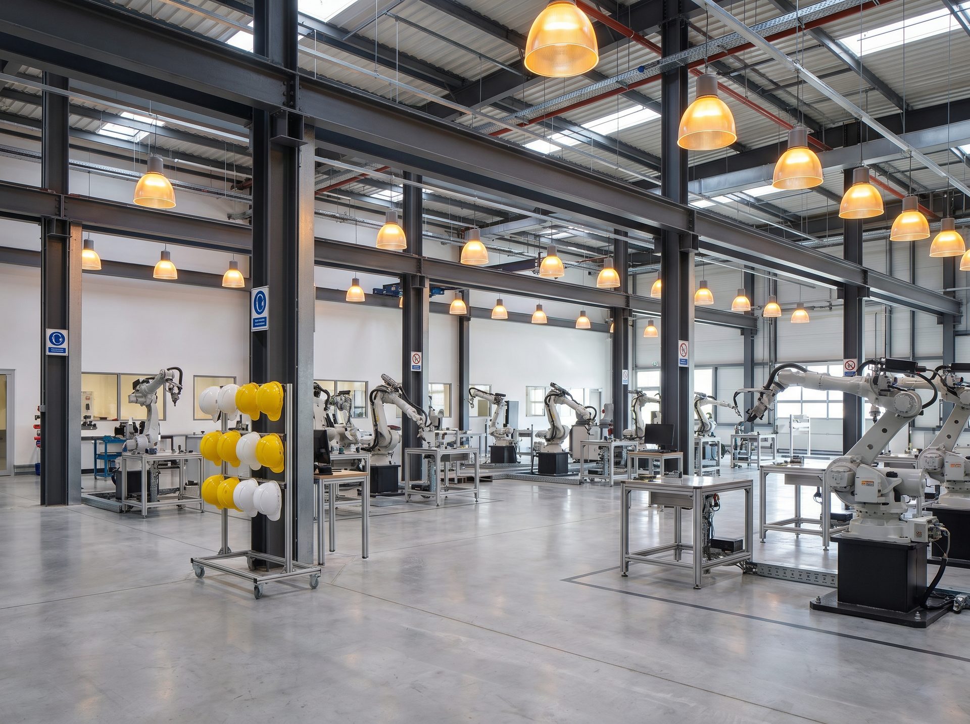 Modern industrial training facility with robotic assembly equipment and safety hardware